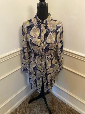 Julia Tropical Banana Leaf Shirt Dress Button Front Long Sleeve Collar Belted